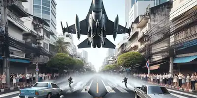 ## Tailândia Surpreende: Caças Transformam Avenida em Pista de Pouso em Manobra Arriscada!
