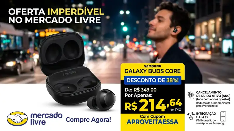 Galaxy Buds Core despenca para R$ 214 com cupom e entrega o fone Bluetooth mais barato da Samsung com ANC